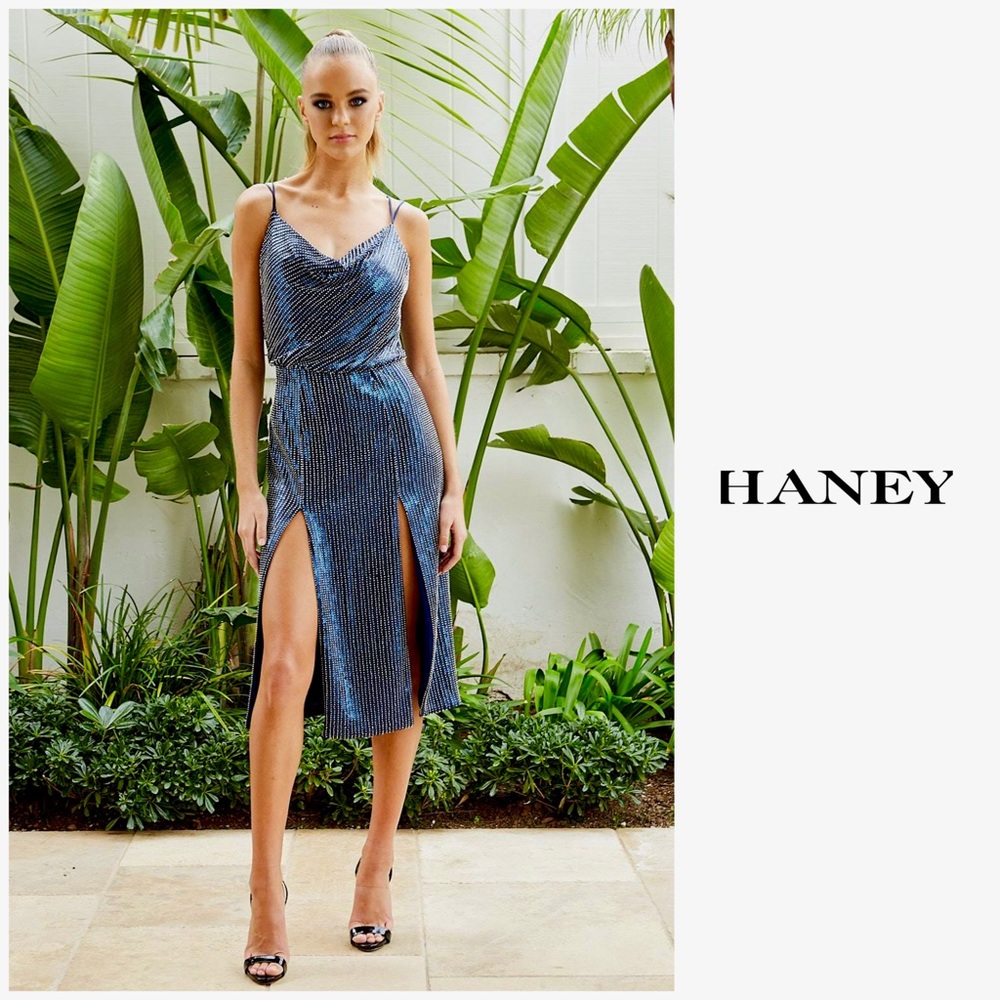 NWT Haney Elise Sequin Embellished Thigh-Slit Midi Cocktail Dress Flapper Gatsby - Picture 3 of 16